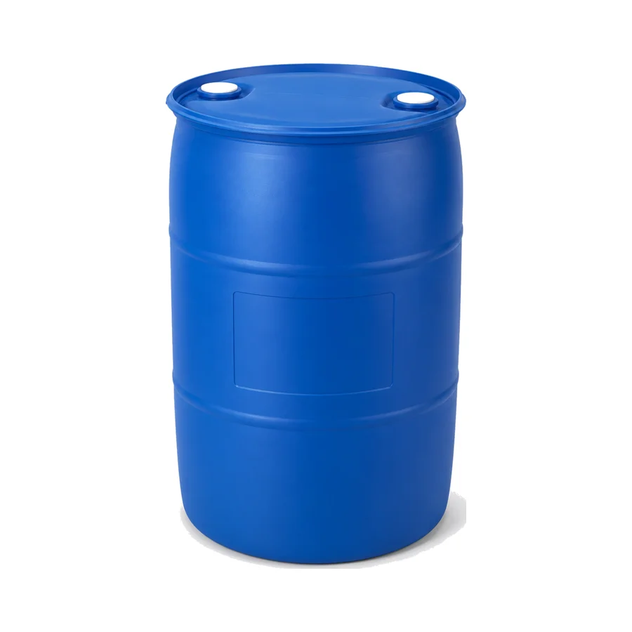 Blaues Kunststoffspundfass 220 Liter, schräg von vorn
