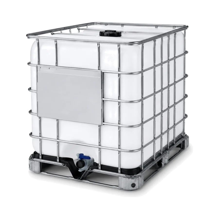 IBC-Container im Stahlgitter, schräg von vorn